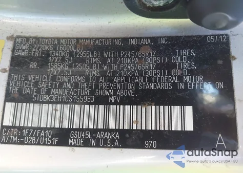 2012 Toyota Highlander Base V6 z USA, uszkodzony, nr VIN 5TDBK3EH1CS155953